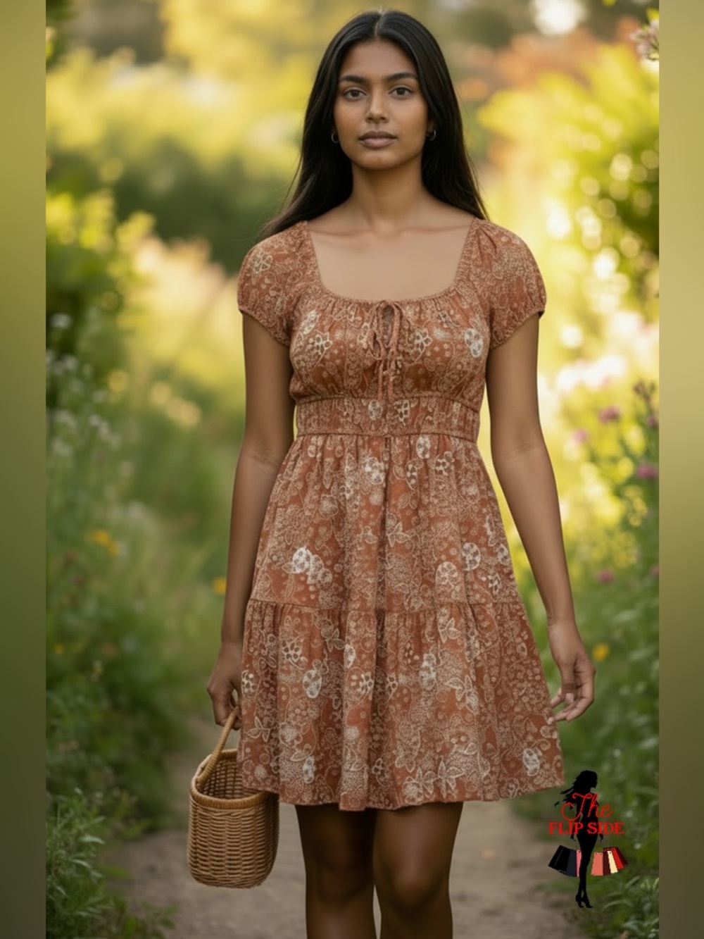 No Comment Medium Floral Tiered Mini Peasant Dress Puff Sleeve Casual Brown Boho